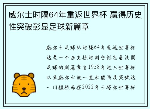 威尔士时隔64年重返世界杯 赢得历史性突破彰显足球新篇章