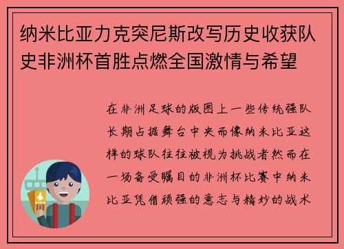纳米比亚力克突尼斯改写历史收获队史非洲杯首胜点燃全国激情与希望